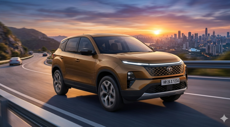 New Tata Harrier SUV car running on the highway at sunset